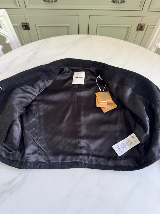 Sandro Cropped Tweed Blazer Black Sz 38 - Picture 12 of 13
